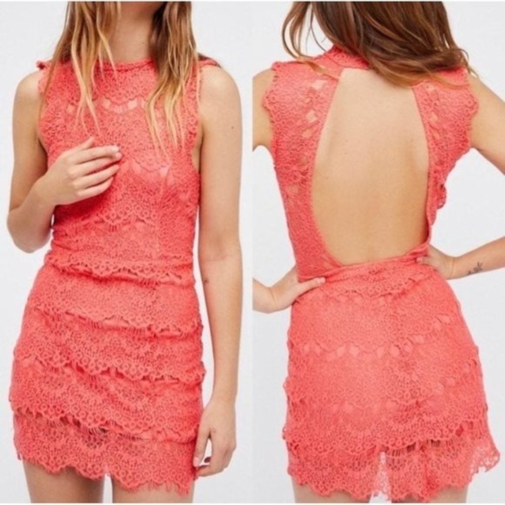 Free People Daydreamer Coral Lace Mini Dress Med